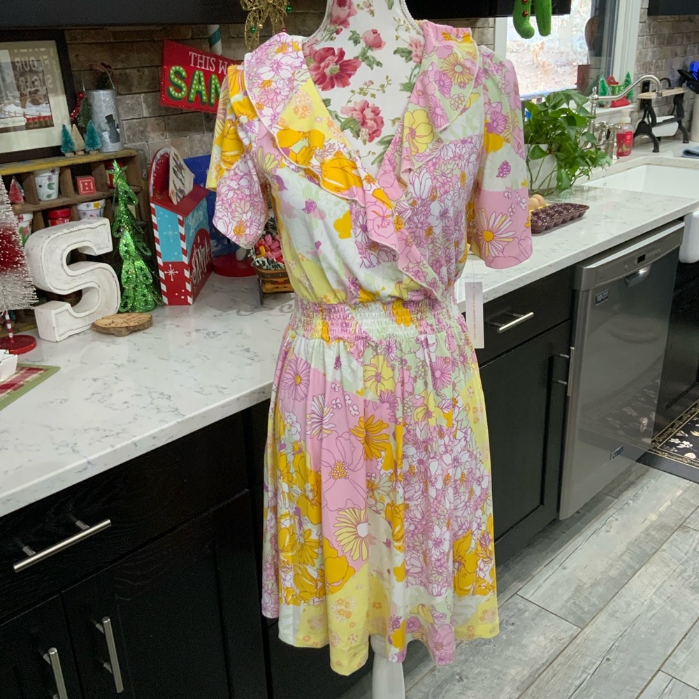 Modcloth Marvelous Flower Medley Dress Pink Yellow Sz M Smocking Feminine Fairy